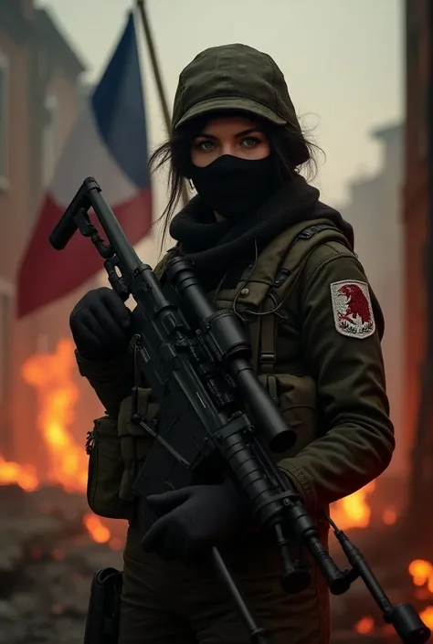 
182 / 5 000
A French female soldier with her face camouflaged, seen from the front in a burning village with a sniper rifle in her hand and the French flag in the background and an eagle patch