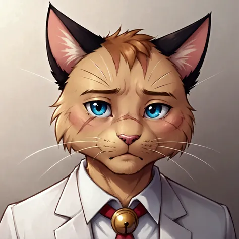  an anthropomorphic male cat, tonificado, gold-colored fur , Cat ears, cat tail, cat whiskers, with blue eyes,  sad expression , 160cm tall, detailed fur,  a scar on the cheek, 