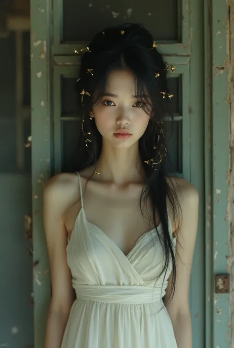   She drew a picture of a beautiful Indonesian Javanese woman with a pale and mysterious face, wearing a classic white dress . Her long hair was left unkempt and decorated with gold .  She seemed to float above the dusty window of an old unkempt house  