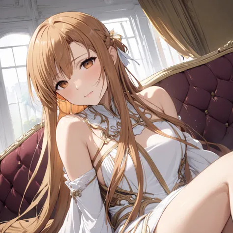 The woman is Yuki Asuna, who has beautiful bright brown hair, is wearing a vulgar, flashy, luxurious dress, and is hugging and snuggling up with a black man on a luxurious sofa、(( best quality)), ((masterpiece)), ( Details), （ perfect face）,The woman is Yu...