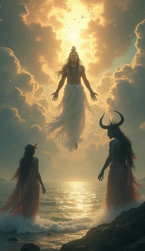 Scene 6: Universal Balance Restored
The ocean is calm and shimmering, the gods and demons standing united in relief. Shiva’s figure fades into the heavens, blessing the world. The scene conveys harmony and balance, with celestial flowers raining down and a...