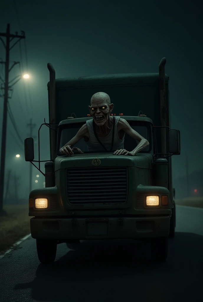 Man with creepy and deformed face driving a truck at night.