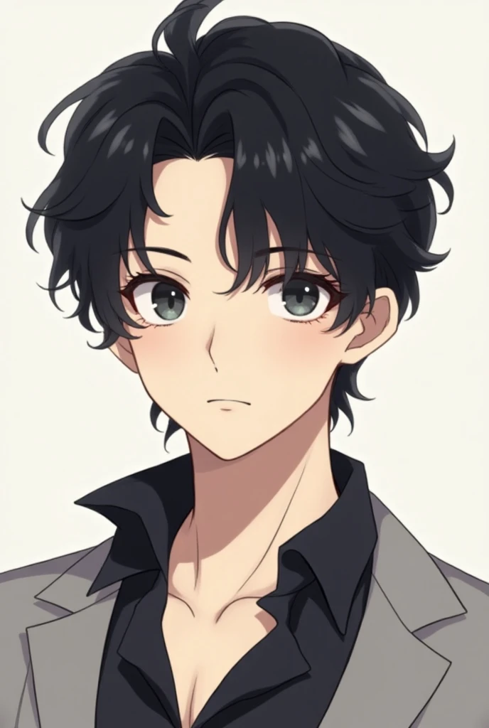 "A male anime-style illustration inspired by the previous female character design, showing him from the waist up. He has soft facial features and expressive, captivating dark eyes. His skin tone is fair, and he has dark, wavy hair that falls naturally arou...