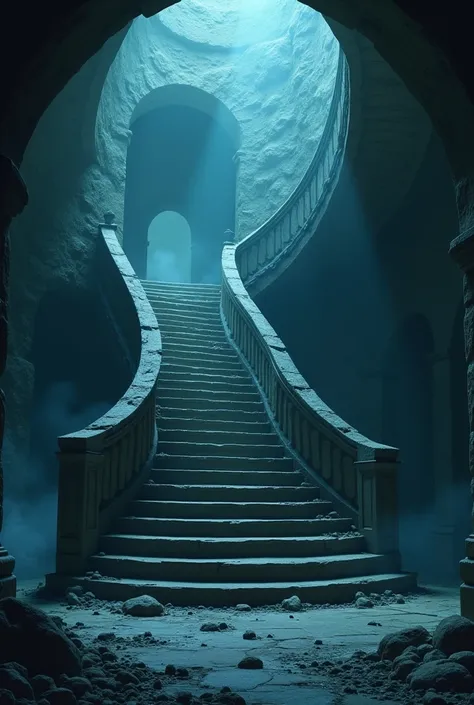 Generate an cinematic 3D cartoon style: A grand but broken staircase, with shadows swirling around it and whispers echoing faintly.