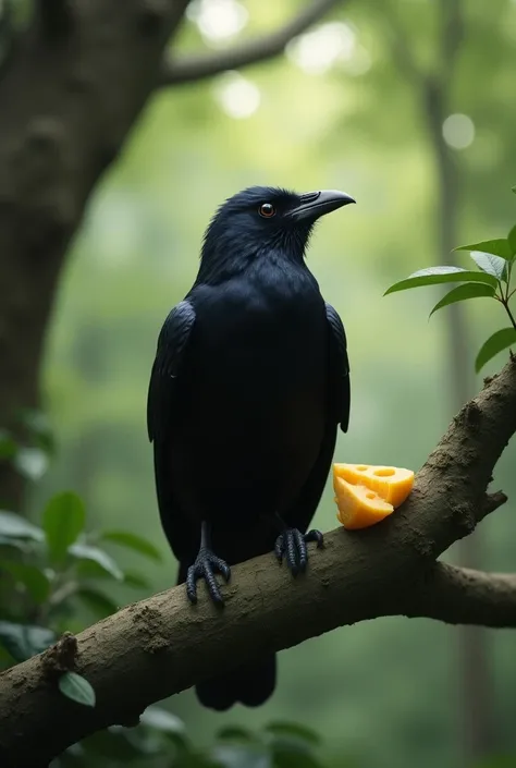 A crow sits on a branch with a piece of cheese