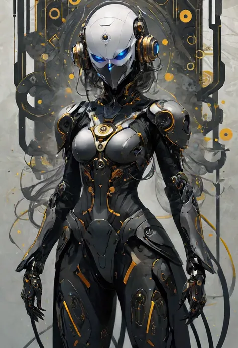 1 woman, Mechanical wonder, Combat Suit,  Cybernetic Guardians , beauty，Religious symbols，mask， dark _fantasy,  Collage of Mixed Media Elements, Abstract Background,  minimalism , monochromatic, graphic design, Creative composition, Unique Perspective ,  S...