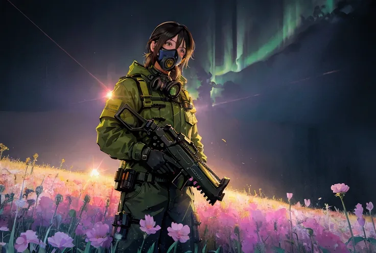  man in gas mask holding a chainsaw in a field of flowers , Aurora in the sky、Cyberpunk Art by Mike "Beeple" Winkelman , Trending on deviantart,  amazing realism ,  retro punk nature wave defender, masterpiece  Spectacular Retrowave Art,  synthwave art sty...