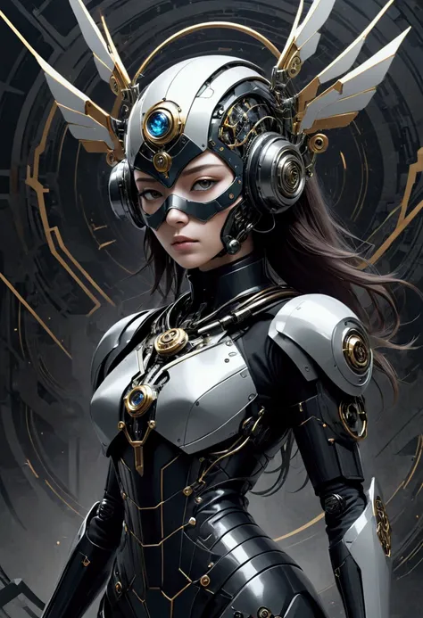 1 woman, Mechanical wonder, Combat Suit,  Cybernetic Guardians , beauty，Religious symbols，mask， dark _fantasy,  Collage of Mixed Media Elements, Abstract Background,  minimalism , monochromatic, graphic design, Creative composition, Unique Perspective ,  S...