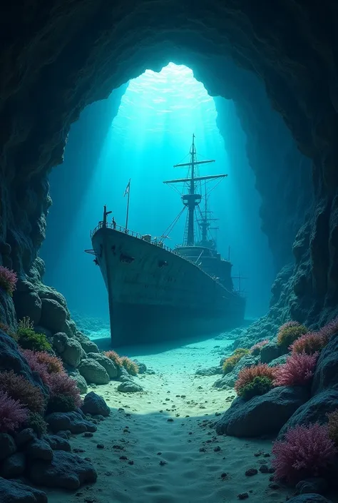 Of course,  here you have the refined description :

 An underwater cave entrance with a sandy bottom where you can see the remains of pieces of a wreck of a warship that is partially buried and not visible.  The sides are decorated with coral formations ,...