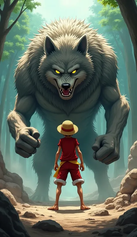  in the picture. Luffy, the hero of One Piece, appears in an exciting combat situation against a huge wolf . . Luffy stands out in the center of the picture wearing His famous red shirt and shorts, with the famous straw hat on his head. .  whose eyes are f...