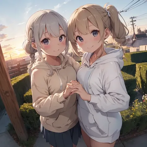  holding meat buns unbelievably detailed、 Fisheye Lens 、 above angle、sunset、garden、Square、2 people、 holds hands、Noble、(( Married Woman)、Tall、Single braid、pure white long hoodie、Grey Hair、、hairpin、、、、)、(( girl) is short、blonde、 twin tails、pure white long ho...