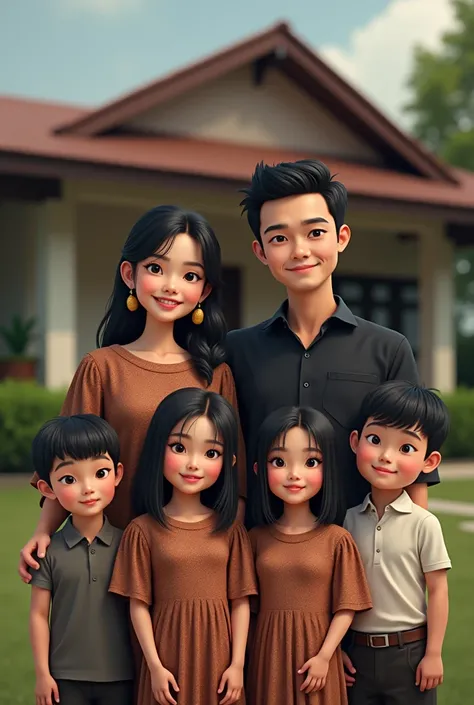 Portrait of Indonesian family there is black haired mother father wearing black shirt and there are 2 selling boys and 2 girls in front of realistic house, 4k