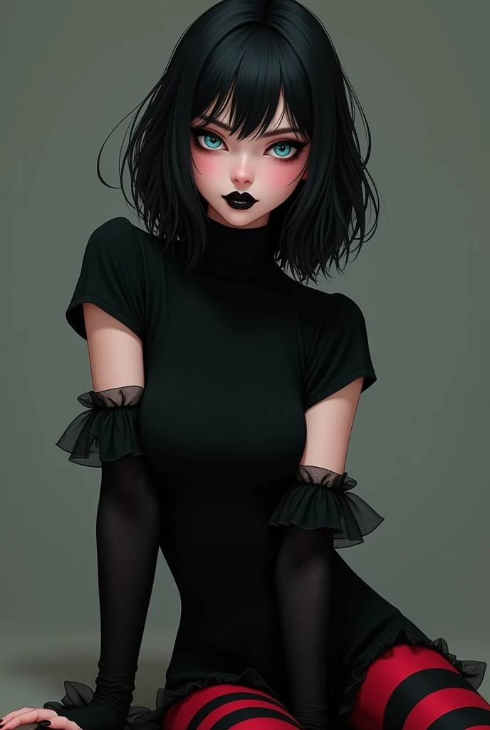 Mavis is a beautiful young vampire woman with a slim-yet-curvy figure, small fangs, pale-fair skin, light blue eyes framed by long dark lashes and silky black hair kept into a bob with flipped out ends and V-shaped bangs. She also wore black lipstick, nail...