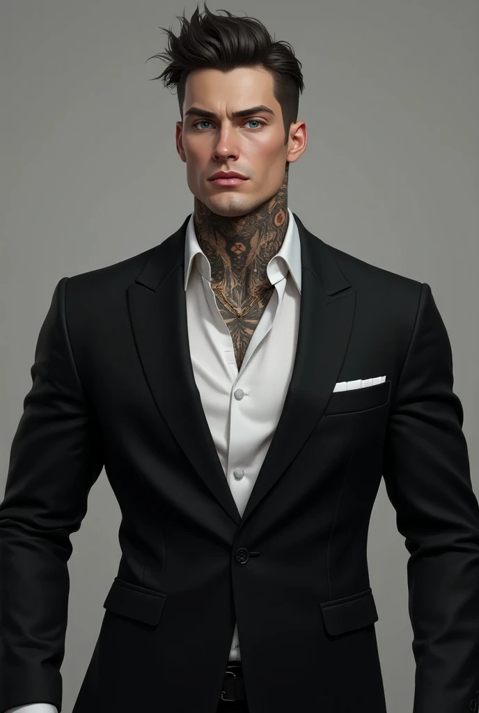 white male, strong muscular man tattooed up to his neck and hands wearing a black suit with a white shirt tucked in he has a social haircut style hair thrown to the side he has a very handsome face and his eyes are blue. (Lost the handsome American man sty...