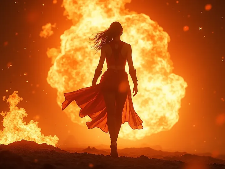 A warrior dramatically emerges unscathed from a fiery explosion, her outline haloed by the intense flames. As she steps forward with unwavering determination, the fiery reds and oranges behind her evoke a sense of invincibility and fierce resolve. A high-o...