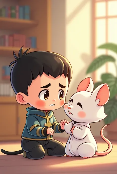 Cute cartoon boy (Zhan zhao, imperial cat hero, from Justice Bao drama) siting with annoying face and a cute cartoon boy in white ( bai yutang, sleek rat hero, from Justice bao dram) playing with his hair