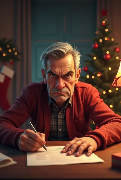 Create a Christmas image where an angry  is seen writing a letter: "Letter to Santa Claus "