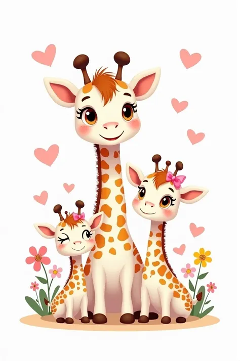  A family of giraffes drawn in cartoon style and cute ,  with large and expressive eyes . in the center,  a white mother giraffe with a sweet expression and a pink bow on the head ,  surrounded by colorful flowers surrounding . Left,  a baby male giraffe w...