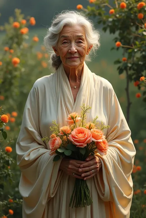 Beautiful elegant old woman with flowers in her hands