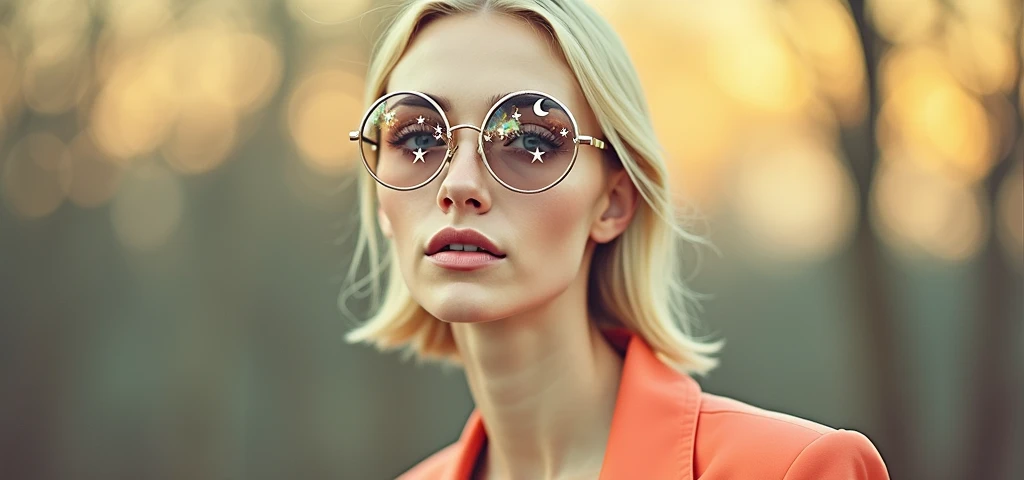 The model is wearing glass sunglasses with stars and the moon on the glass