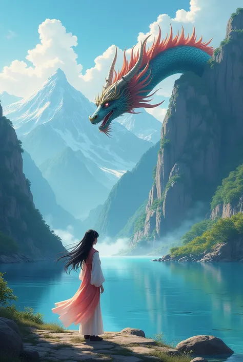 Anime style,A large oriental dragon emerges from a lake, facing a young woman, wearing simple oriental clothing, black hair, in the mountains,