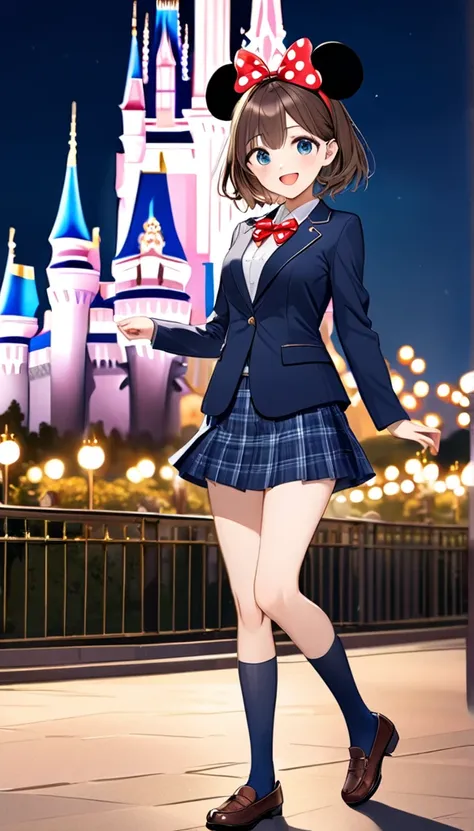 full body, masterpiece,  best quality, Thin legs、 smaller breasts,  beautiful details , Fine texture, Fine skin, Very cute girl, Alone, Happy smile, blush, open mouth,  Deep Blue Eyes , Brown Hair, Medium Hair, Right-parted bangs,  navy blue blazer, navy b...