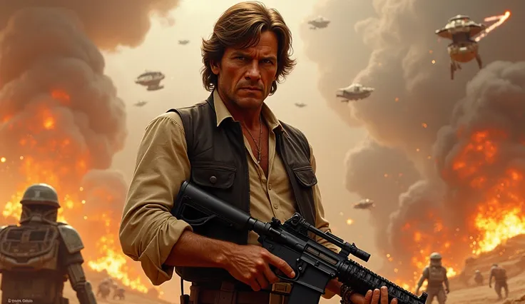 Han solo a star war character fighting war, holding  gun, bloody war going on background multiple spaceship crashing