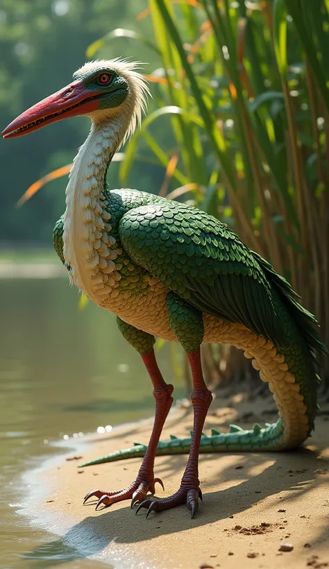 "Design a fearsome, hyper-realistic hybrid creature combining the raw power of a green-scaled crocodile and the sharp elegance of a white stork. The creature’s body is long and armored, covered in tough, emerald-green scales that shimmer faintly in the sun...