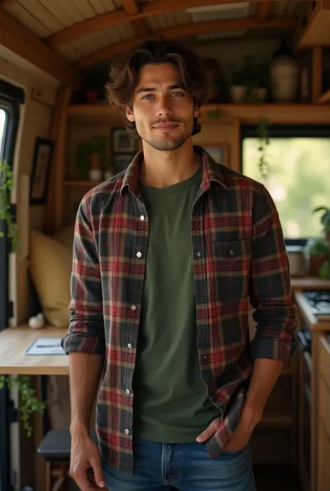 A guy who lives in a van mini home. Hes cute and handsome, fit, about 57 in height. Hes of Hispanic descent, he has green eyes, brown hair, and freckles. He wears T-shirts, flannels, and jeans.