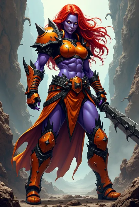 Using a graphic novel style with rich details and realistic lighting, depict a fierce female warrior with violet skin and bright red hair. She wears savage orange armor with black trim.