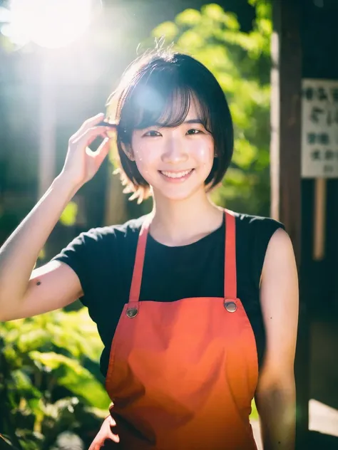 Japanese woman, black shirts、red apron, Sweaty shiny skin、Young Face, morning, cafe, Incomplete details, Shooting with Leica,  9mm:: (Artistic light leakage:1.4), Lens flare::1 - Style Row - AR 2:3 --s 150 --c 4, smile, MFBP1