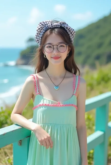 Photographed with: Casual outdoor Portrait, Front Angle, Eye-level Shot
A young Asian woman enjoying a sunny day by the ocean, standing confidently with a soft smile and closed eyes, featuring a light mint green shade with pink borders, adding a playful co...