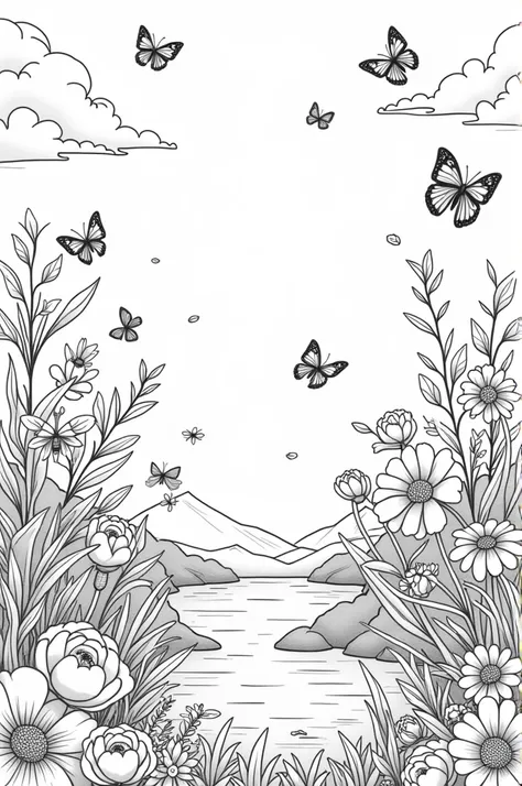 "Beautiful garden with flowers, butterflies, and bees, black and white coloring page"