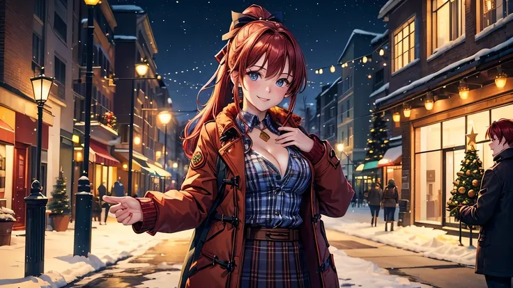 1girl, ((mature girl)), solo, christmas, ((christmas tree)), street, night, snow, lights, holly, red hair, ponytail, large full breasts, ((brown winter jacket)), dark blue eyes, ((blue checked shirt)), ((unbuttoned shirt)), cleavage, skirt, smile, looking ...