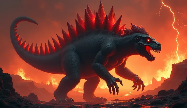 a monstrous hybrid creature combining features of a humanoid gorilla and a stegosaurus. The creature has the muscular frame and arms of the gorilla, with sharp claws, glowing red eyes, and a powerful chest, while its back is covered in large, sharp, spiked...