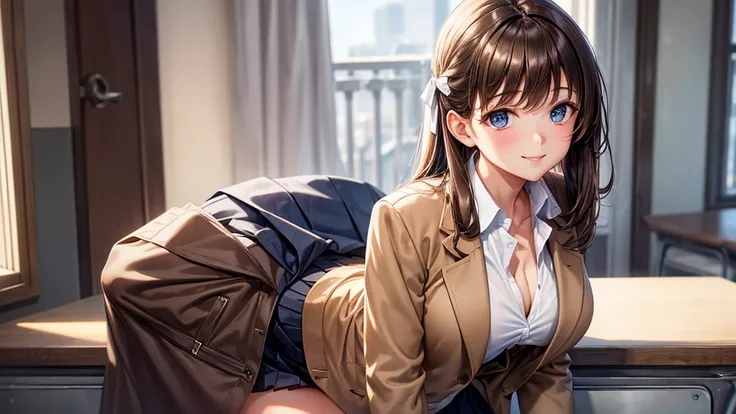 1girl, solo, school, brown hair, large breasts, ((buttoned light brown blazer)), dark blue eyes, ((white shirt)), ((unbuttoned shirt)), school uniform, skirt, smile, looking at the viewer, standing, hair ribbon, golden necklate, brown shoes