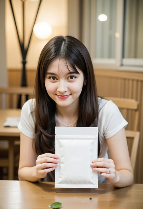 "Create a photorealistic mockup of a Japanese woman holding a smaller matte white ziplock stand-up tea pouch. The pouch should be about the size of her hand, appearing compact and portable. The woman has a gentle smile and wears a casual outfit that matche...