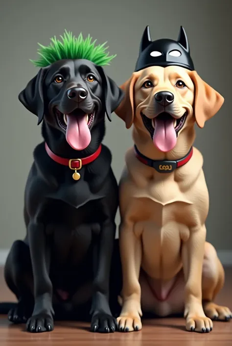 Two Labradors sitting ,  side by side , both adults,  one of the black Labradors wearing a Joker headband and the other Caramel Labrador wearing a headband on Batman,  both dogs with their tongues out happy  