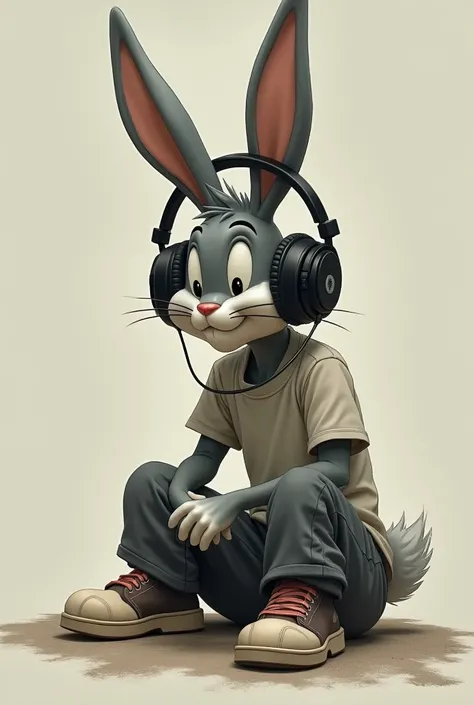 Create me an image of Bugs Bunny in sad sitting clothes with headphones