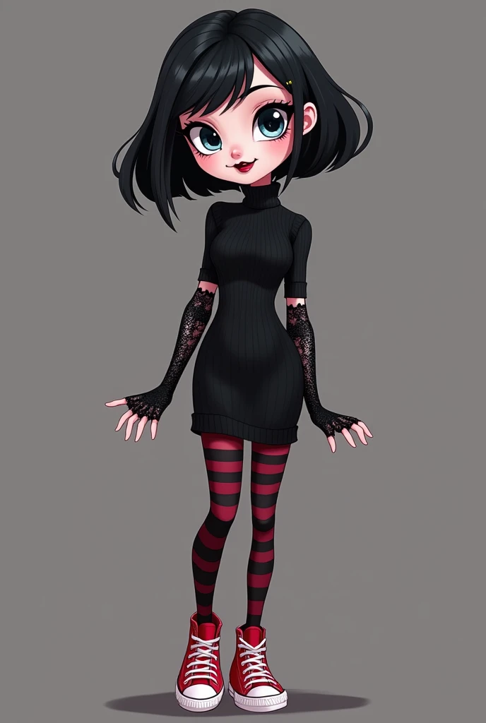 Cartoon. Mavis is a beautiful young vampire woman with a slim-yet-curvy figure, small fangs, pale-fair skin, light blue eyes framed by long dark lashes and silky black hair kept into a flicked-out bob with V-shaped bangs. She also wore black lipstick, nail...