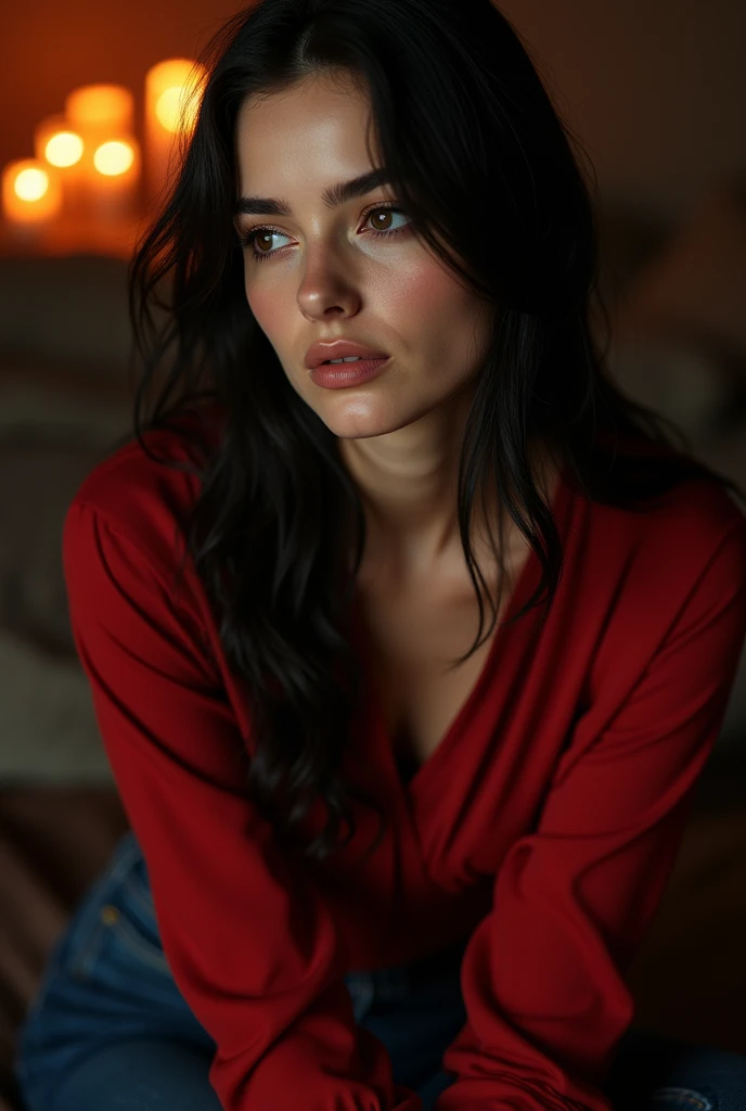  ((Face and eyes)), ((hyper realistic)), (highly detailed), perfect,hyper realist,beautiful girl with black hair,dark brown eyes,serbian looking girl black jeans,red blouse long sleeeves,sitting in half dark room with canldles romantic atmosphere, looking ...