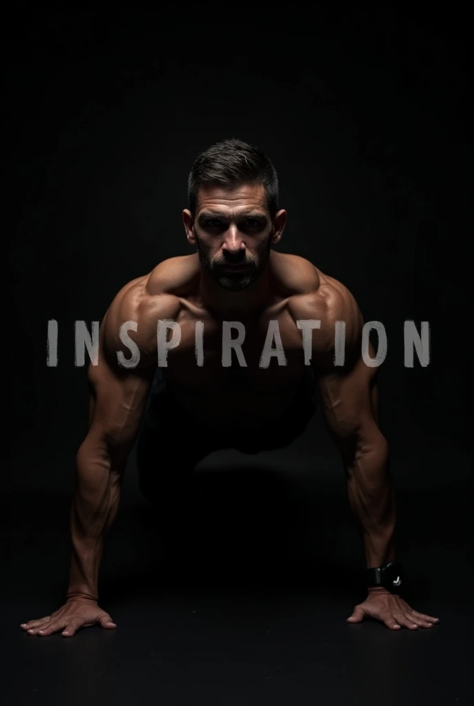 Guy doing push-ups with one hand and sweaty a lot and in the middle of the image written inspiration and that the background of the image is black and very beautiful 8k 