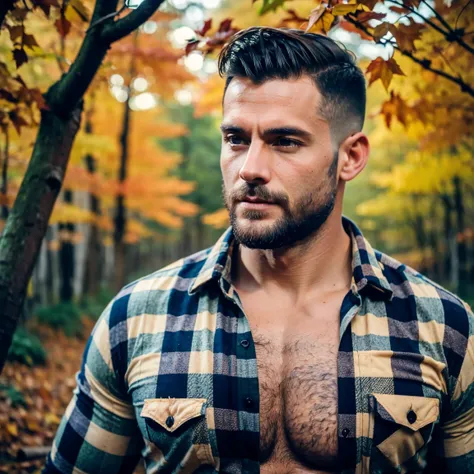 ultrarealistic , very handsome woodcutter male in plaid shirt , unbuttoned shirt , abs , hairy chest  ,broad shoulders ,  blue jeans , belt , brown side hair ,side shaved, stubble, muscled((2.0)) , with an wood chopping axe , walking in a autumn forest , l...