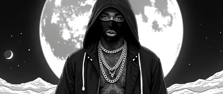 rapper tattoos and chains on the moon. mouth and nose covered by a black mask. realistic, illustrator, detailed lips, (all monochrome image), illustrations, classic retro style, dark monochrome background. black and white neon monochrome color.