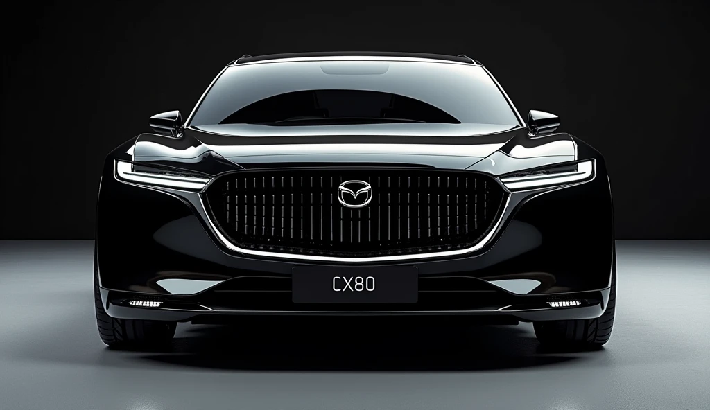 create an ultra-detailed 3D render, of a modern 2025 mazda cx80 with a bold design looking long  captured from   Back view. The car should feature a Gleamy  black color with a Mazda cx 80 logo on its front, a large white detailed grille like rolls royce sp...