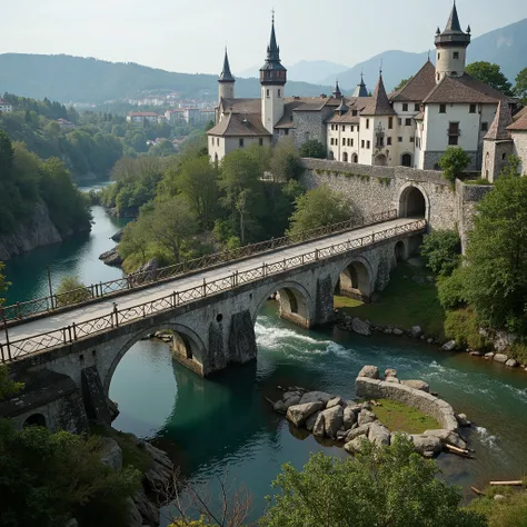 эпичная фотография ,there is a stone bridge that is over a green river, old bridge, stone bridge, bridge, fairyland bridge, bridge over the water, curved bridge, bridges, wood bridges, beautiful image, ancient city of white stone, old stone bridge over the...