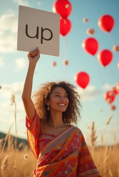 The curly-haired beauty, wearing a traditional Thai bib blanket, was holding a white sign that said “Up” above her head."Good Morning Sunday" And show it to the audience., Fifty red balloons are being released into the sky in the background. 