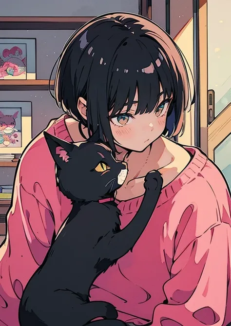 Beautiful young people,  black hair,  shorthair ,  pink sweater,  black cat with pink ribbon, Right before the kiss, cute and stylish room , High Quality , Pictures,  pixiv illustration ,  Japanese Anime, Clear line drawing, Transparent watercolor, Clear S...