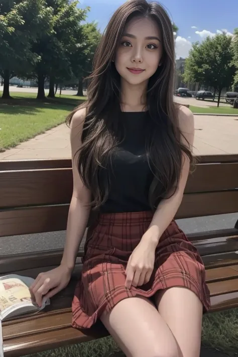 one girl sitting at park, kneet sweeter and skirt