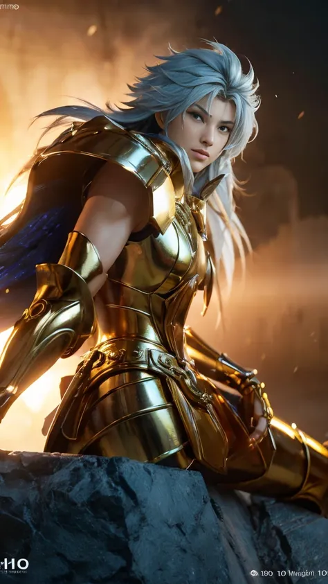 1man a hyper realistic ultra detailed photograph of photorealistic gemini at agreek ruins background, tattered Gemini gold shiny metal armor, long white hair, blue eyes, dynamic fighting pose, detailed symmetric  hazel eyes, detailed gorgeous face, 30-mega...